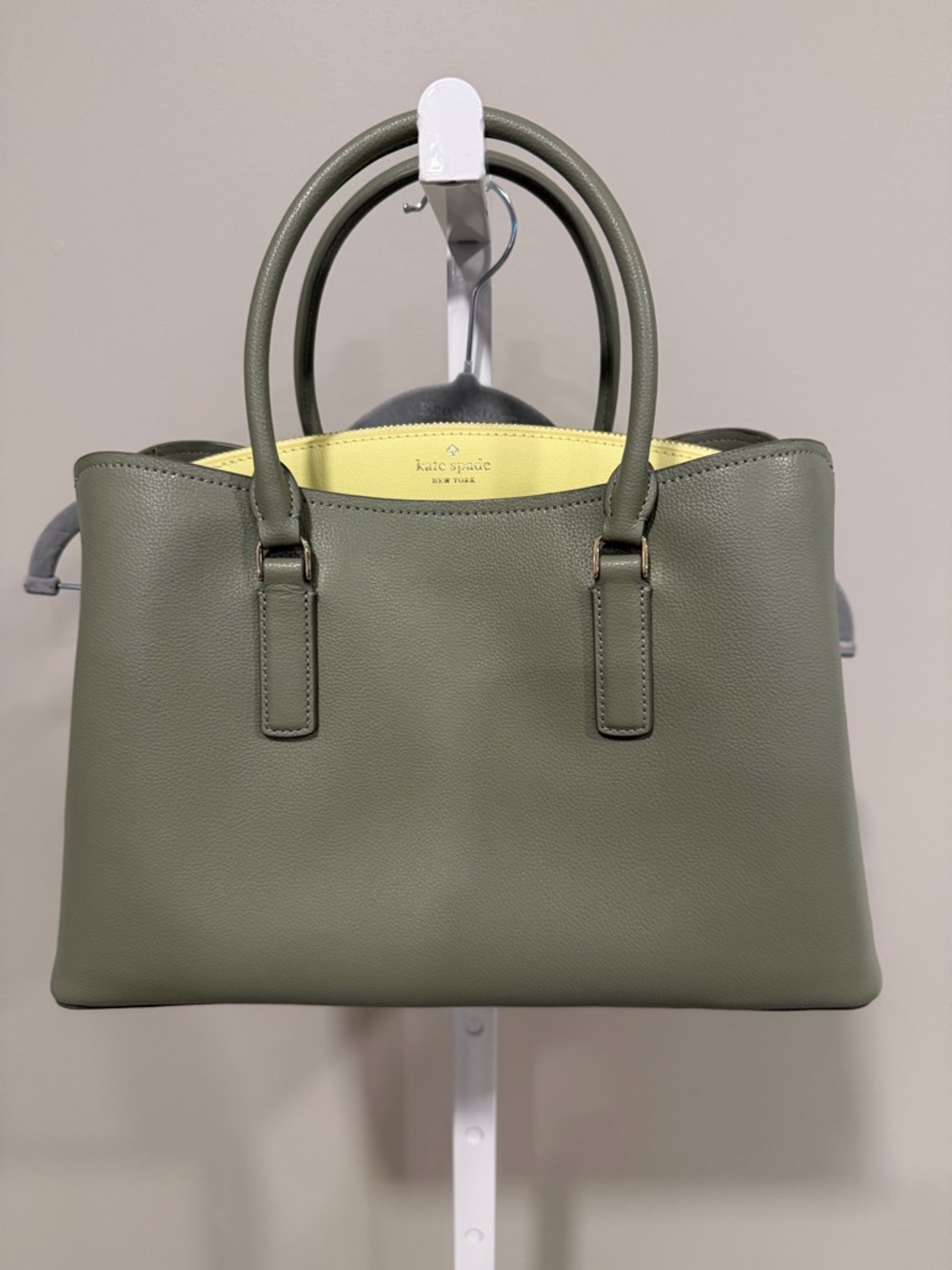 kate spade olive leather satchel with yellow lining